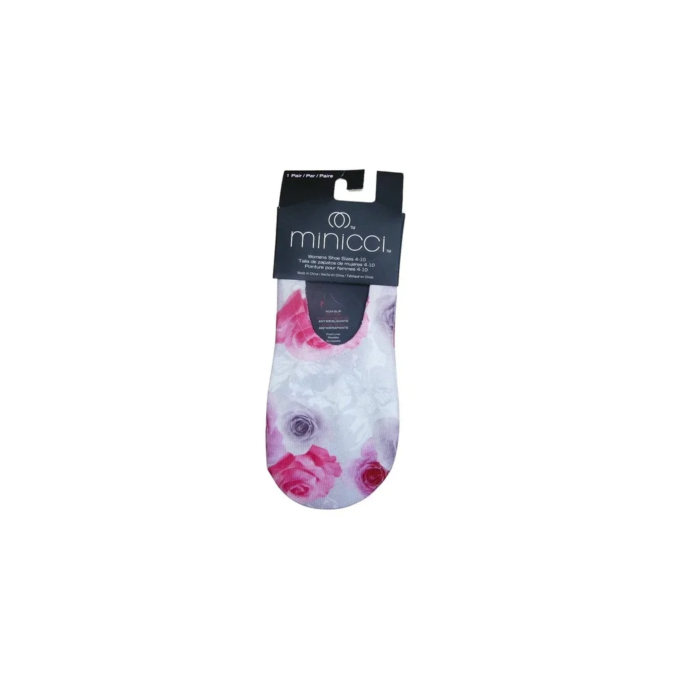 Minicci Foot Liner Socks Womens 4-10 White Pink NWT Floral Non-Slip No Show